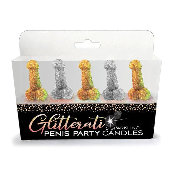 Glitterati penis party candles, five glitter candles in gold and silver, set of 5