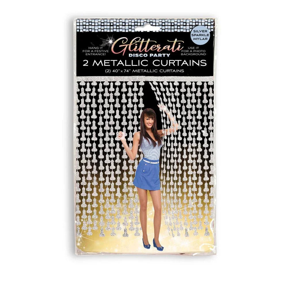Glitterati Disco penis doorway curtains in silver and gold, model posing in the pack shot