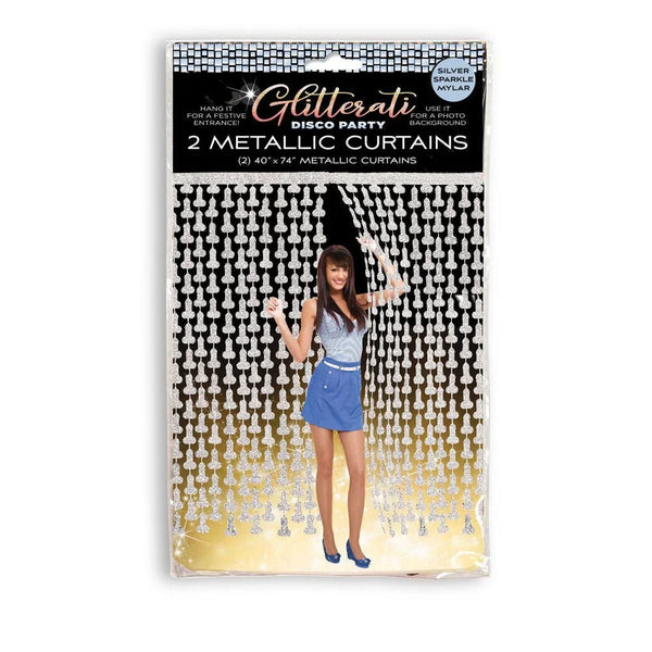 Glitterati Disco penis doorway curtains in silver and gold, model posing in the pack shot