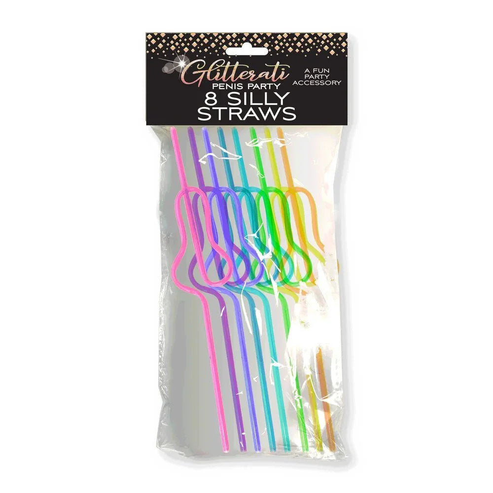 Glitterati penis silly straws, eight rainbow curly straws in the pack