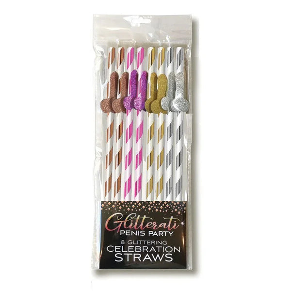 Glitterati tall celebration straws, eight glitter penis-topped paper straws in pack