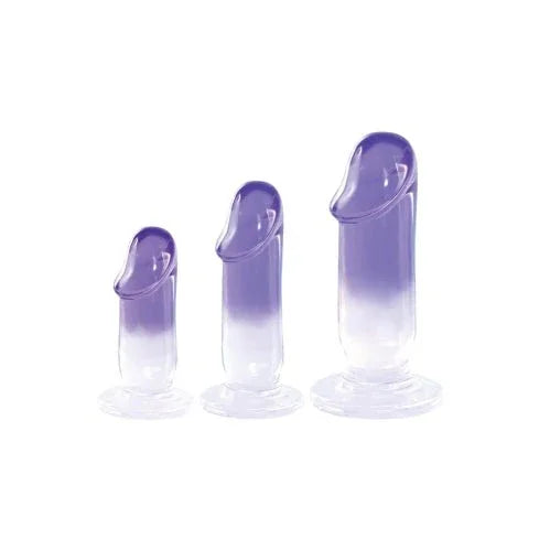 Glitzy Trainer dong kit, three clear purple-tipped PVC dongs from small to large