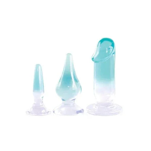 Glitzy Trainer multi kit, clear PVC plug, teardrop and dong with teal-tinted tips
