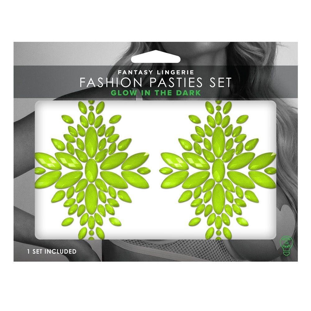 GLOW Fashion Pasties Set - Glow Green Crystals – Sex toys NZ by Naughtyhut. Discreet delivery nationwide.