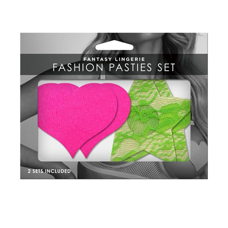 GLOW Fashion Pasties Set - Neon Green & Solid Pink - 2 Sets Included – Sex toys NZ by Naughtyhut. Discreet delivery nationwide.