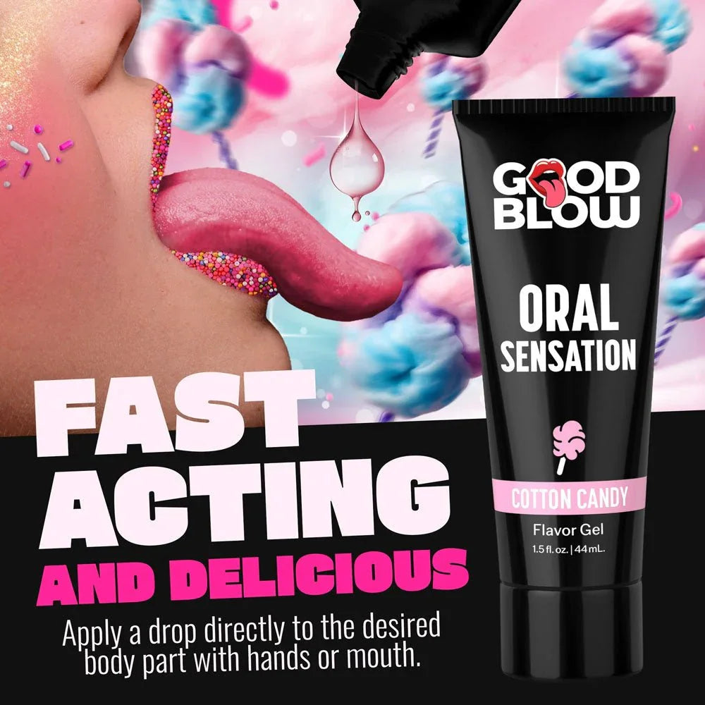 Good Blow Cotton Candy panel headed Fast Acting, gel dripping from the tube towards a tongue