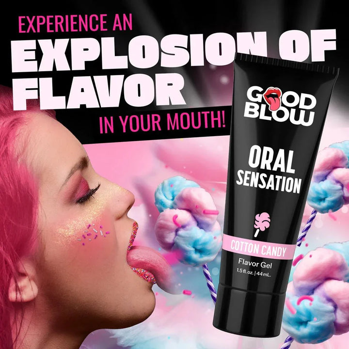 Good Blow Cotton Candy tube on an Explosion of Flavor panel with a model licking her lips