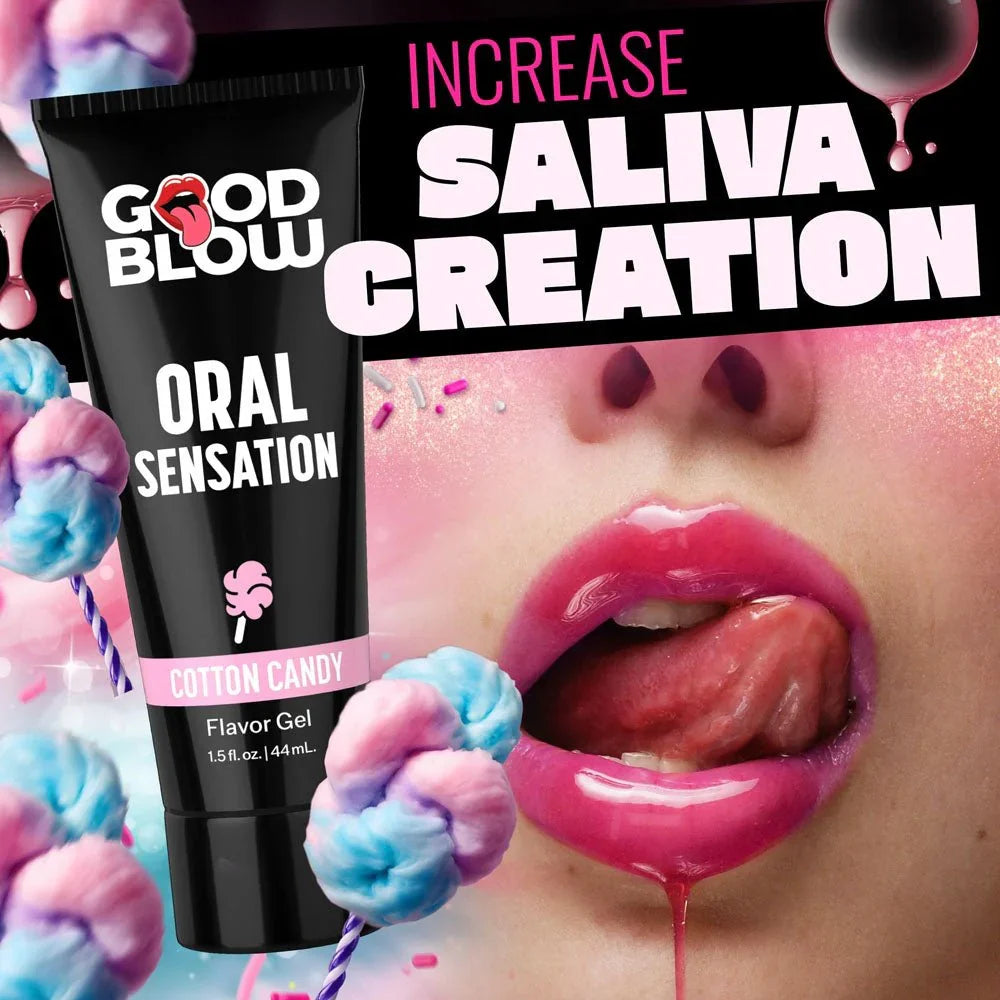 Good Blow Cotton Candy panel headed Increase Saliva Creation with a close-up of glossed lips