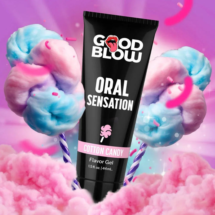 Good Blow Oral Sensation gel in Cotton Candy, black tube on pink cotton candy artwork