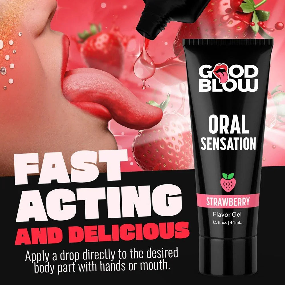 Good Blow Strawberry panel headed Fast Acting, gel dripping from the tube towards a tongue