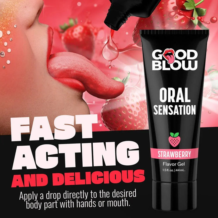 Good Blow Strawberry panel headed Fast Acting, gel dripping from the tube towards a tongue