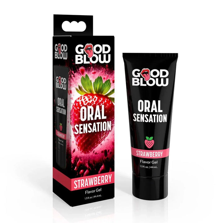 Good Blow Strawberry 44 ml tube beside its retail carton on white