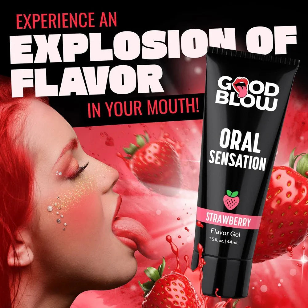 Good Blow Strawberry tube on an Explosion of Flavor panel with a model licking her lips