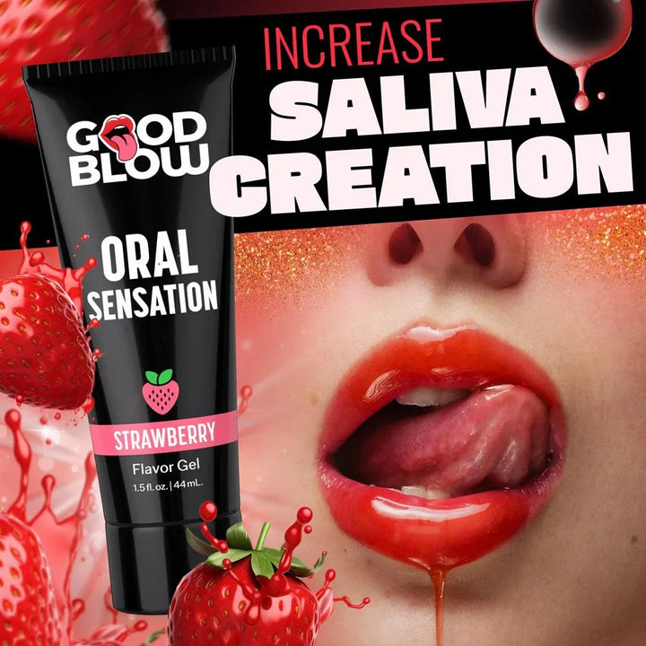 Good Blow Strawberry panel headed Increase Saliva Creation with a close-up of red glossed lips