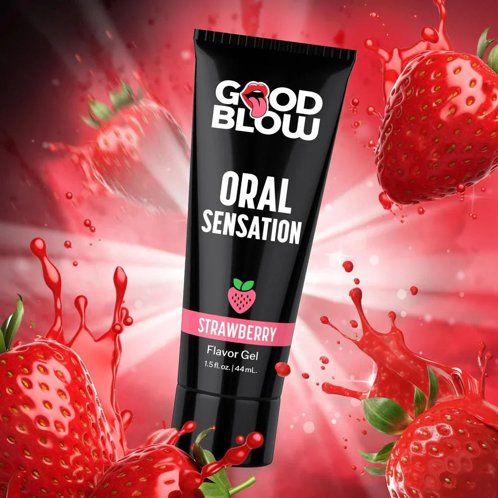 Good Blow Oral Sensation gel in Strawberry, black tube among strawberries and red splashes