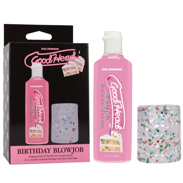 GoodHead Birthday Blowjob kit: confetti stroker and Birthday Cake glide beside the box