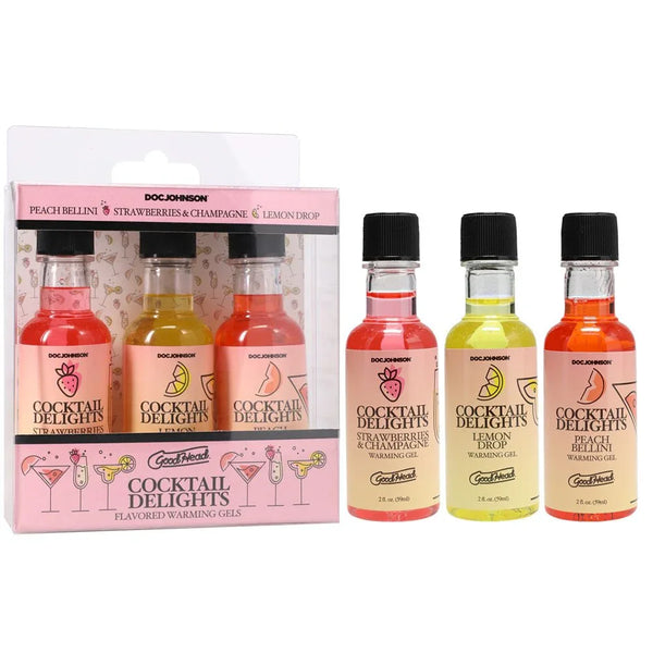 GoodHead Cocktail Delights set of three warming gels beside the pink window box