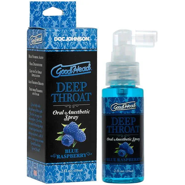GoodHead Deep Throat Spray Blue Raspberry, blue bottle beside its box