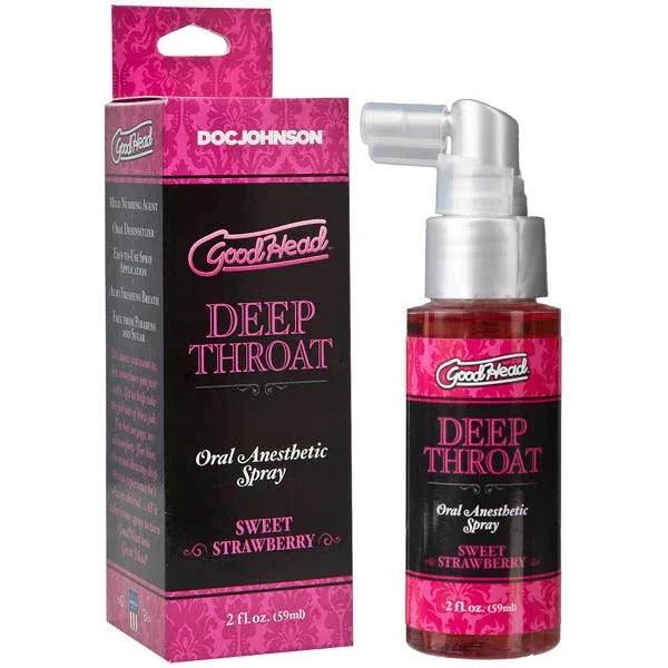 GoodHead Deep Throat Spray Sweet Strawberry, bottle beside its pink box