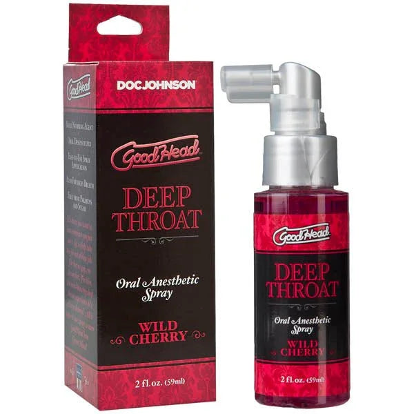GoodHead Deep Throat Spray Wild Cherry, red bottle beside its box
