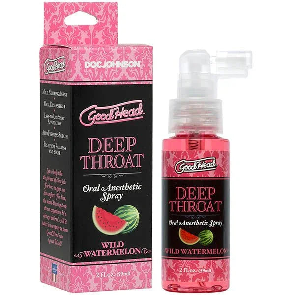 GoodHead Deep Throat Spray Wild Watermelon, bottle beside its pink box