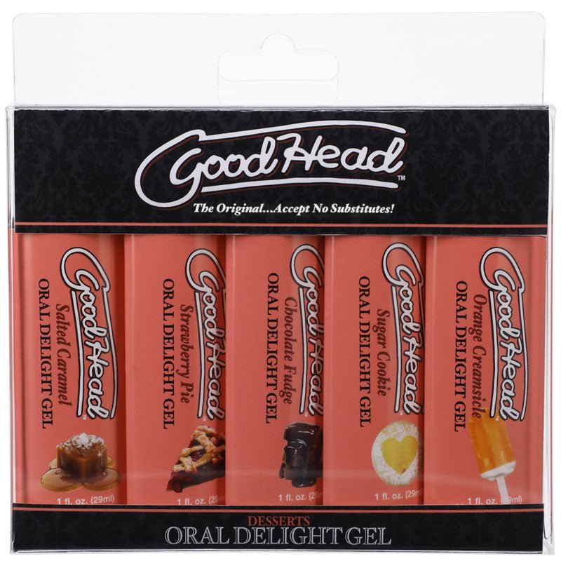 Buy GoodHead Oral Delight Gel - Desserts - Flavoured Oral Gels - Set of 5 x 30ml Bottles – Naughtyhut NZ sex toys online. Discreet delivery & top brands.