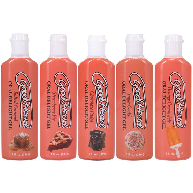 Buy GoodHead Oral Delight Gel - Desserts - Flavoured Oral Gels - Set of 5 x 30ml Bottles – Naughtyhut NZ sex toys online. Discreet delivery & top brands.