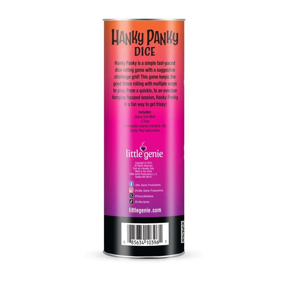 Hanky Panky Dice tube reverse, describing the game and listing its contents