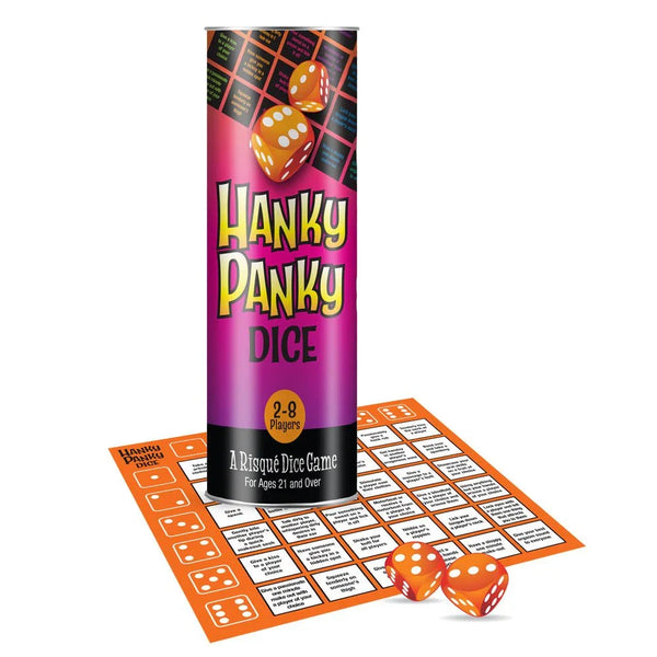 Hanky Panky Dice game tube with the challenge grid and two orange dice in front