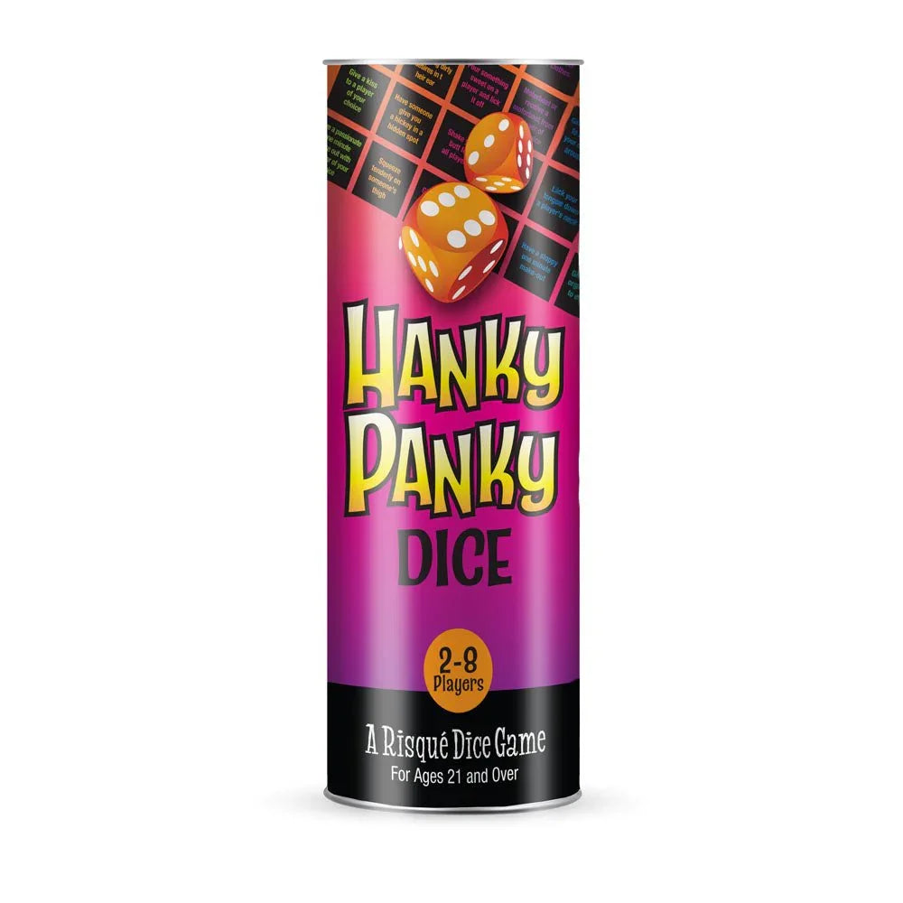 Hanky Panky Dice retail tube front, marked a risque dice game for 2 to 8 players