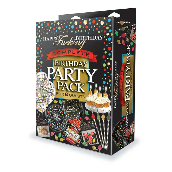 Happy Fucking Birthday Complete Party Pack box for 8 guests, plates, straws and candles