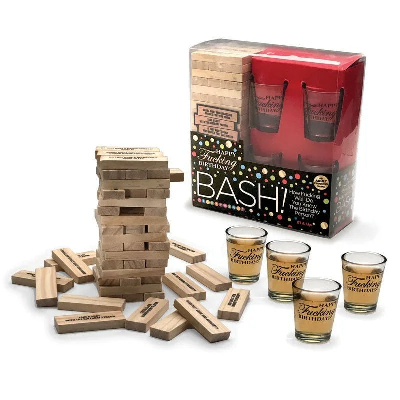 Happy Fucking Birthday Bash game, tumbling block tower with printed shot glasses and box
