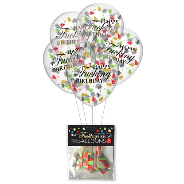 Happy Fucking Birthday confetti balloons, five clear balloons above the packet