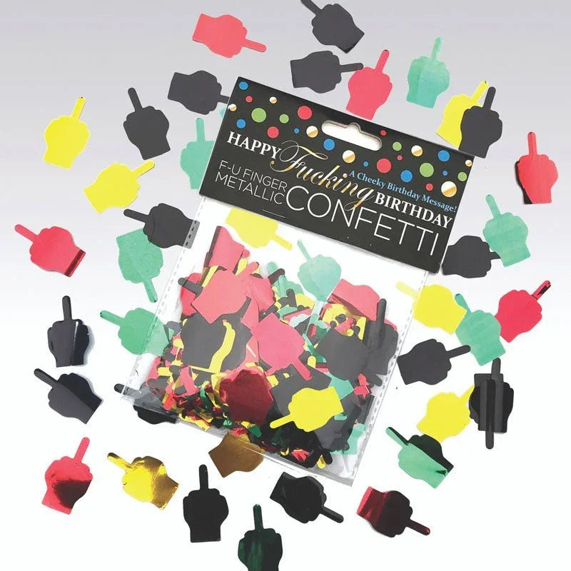 Happy Fucking Birthday FU finger metallic confetti scattered around its packet