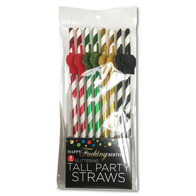 Happy Fucking Birthday tall party straws, eight glitter-topped paper straws in pack