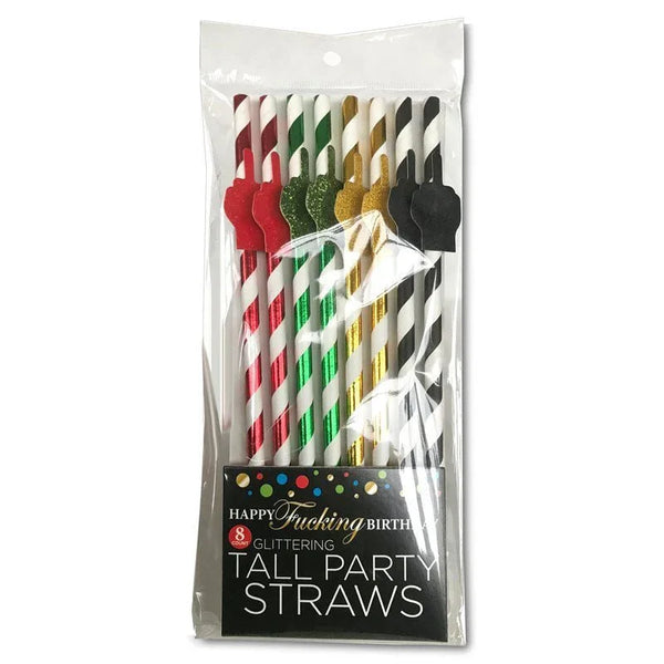 Happy Fucking Birthday tall party straws, eight glitter-topped paper straws in pack