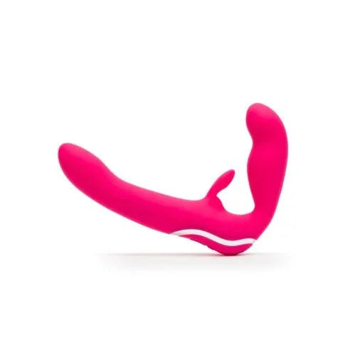 Happy Rabbit Strapless Strap-On in Pink, lying flat showing both shafts and nub