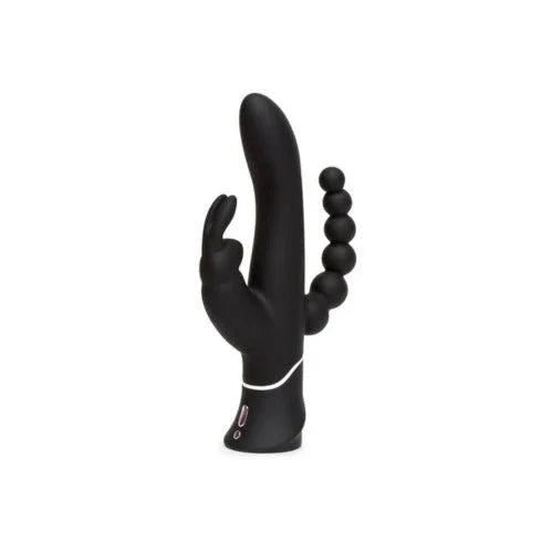 Happy Rabbit Triple Curve in Black, showing shaft, ears and beaded anal arm