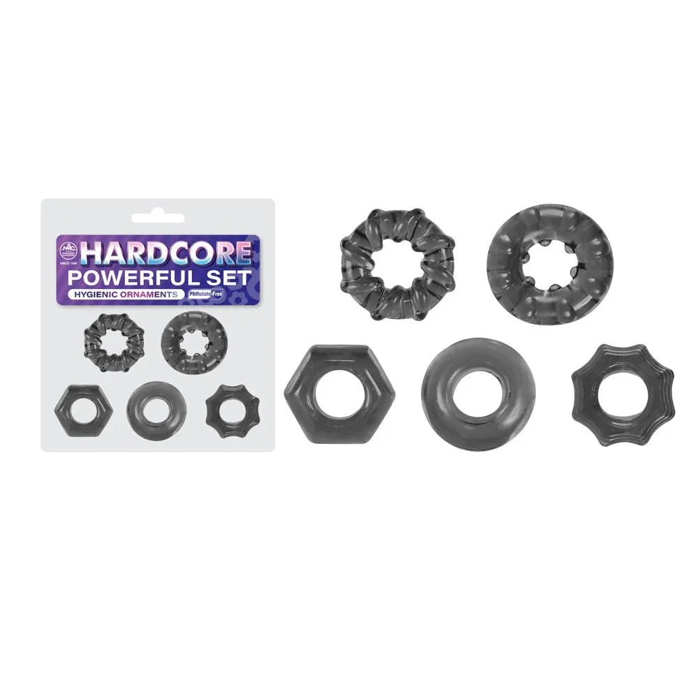 Hardcore Powerful set of 5 cock rings in Smoke, assorted rings beside the card