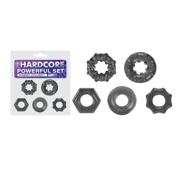 Hardcore Powerful set of 5 cock rings in Smoke, assorted rings beside the card