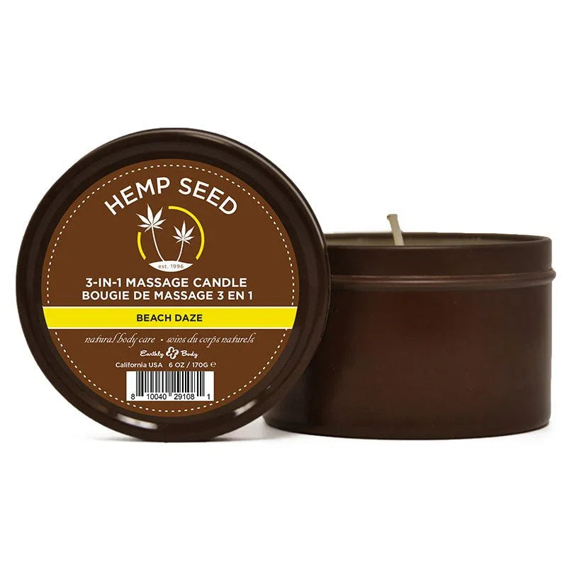 Hemp Seed 3-in-1 Massage Candle tin behind its yellow Beach Daze lid