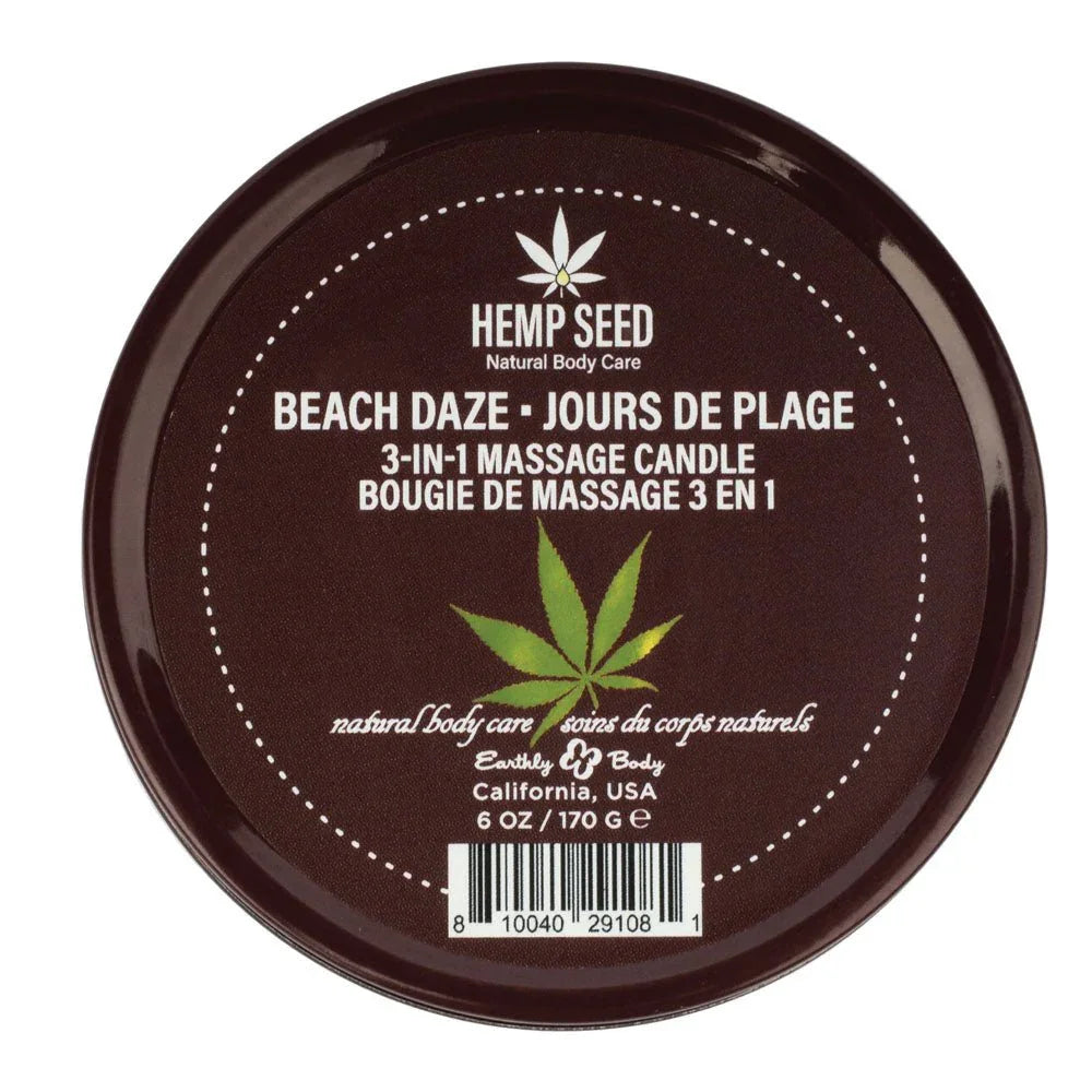 Hemp Seed 3-in-1 Massage Candle, close-up of the Beach Daze lid with hemp leaf