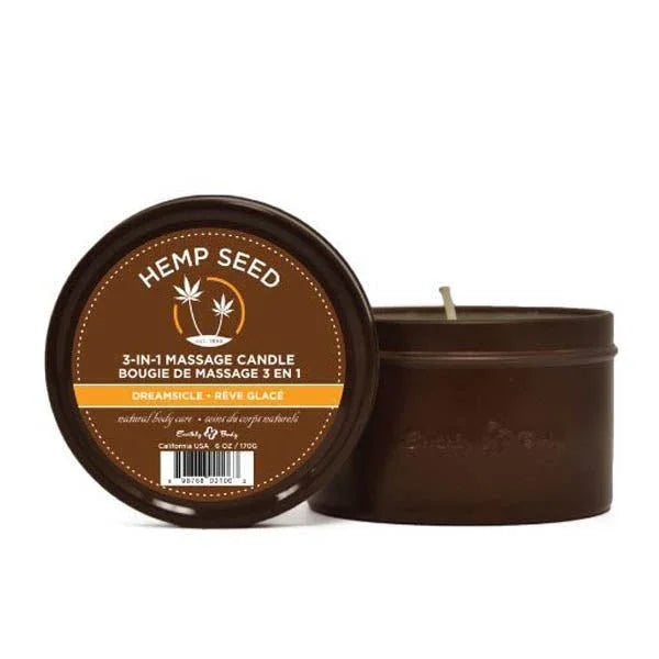 Hemp Seed 3-in-1 Massage Candle tin behind its brown Dreamsicle lid