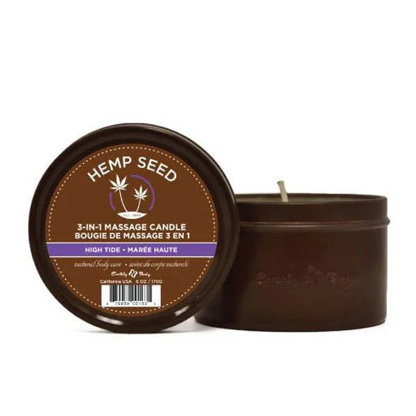 Hemp Seed 3-in-1 Massage Candle tin behind its purple High Tide lid