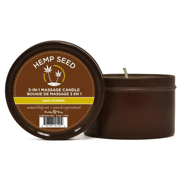Hemp Seed 3-in-1 Massage Candle tin behind its yellow Nag Champa lid