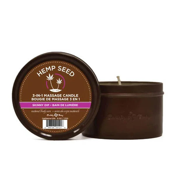 Hemp Seed 3-in-1 Massage Candle tin behind its pink Skinny Dip lid