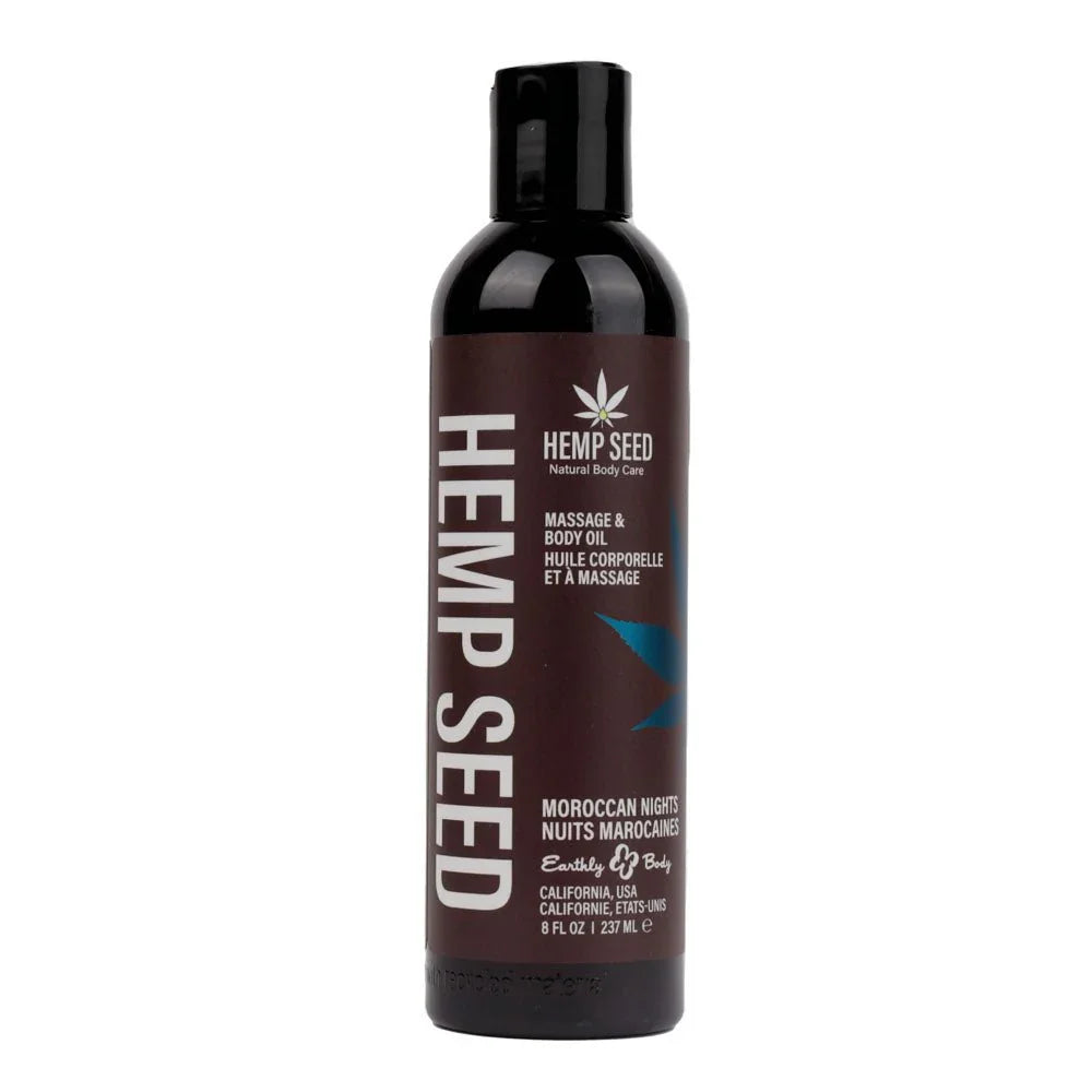 Hemp Seed Massage and Body Oil 237 ml, blue Moroccan Nights label, front view