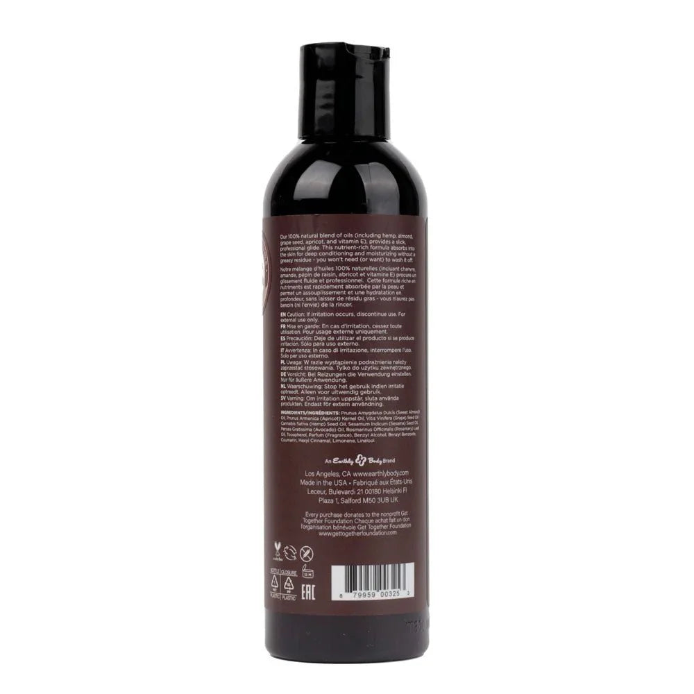 Hemp Seed Massage and Body Oil 237 ml Moroccan Nights, back label with ingredients