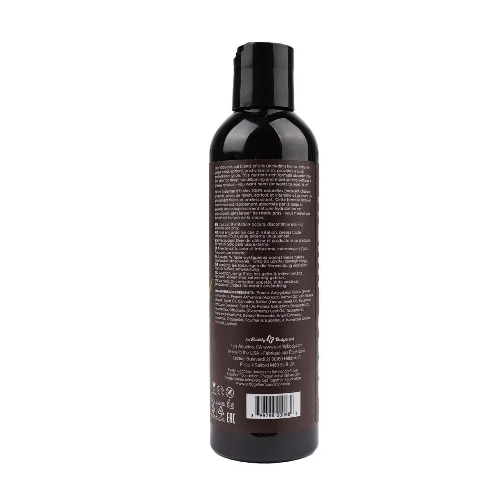 Hemp Seed Massage and Body Oil 237 ml Nag Champa, back label with ingredients