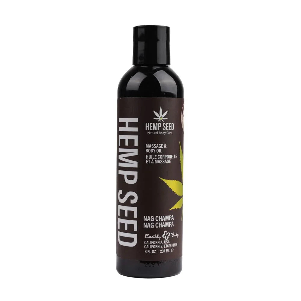 Hemp Seed Massage and Body Oil 237 ml, Nag Champa label with yellow hemp leaf